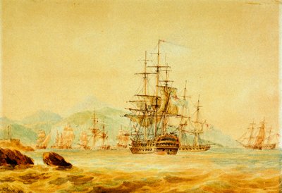 Agamemnon" leikkaa ranskalaisia aluksia Port Mauricesta, lähellä Onegliaa. tekijältä Nicholas Pocock