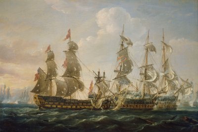 Kapteeni kaappaa San Nicolas- ja San Jose -alukset Cape St Vincentin taistelussa. tekijältä Nicholas Pocock