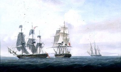 "Medusan" ulkopuolella purjehtinut espanjalainen fregatti "La Fama" on tekemisissä ja antautuu H.M.S. "Lively", n. 1806 (öljy kankaalle) tekijältä Nicholas Pocock
