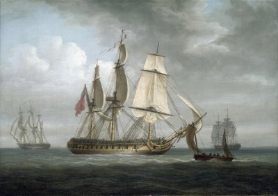 Deptfordissa (Englanti) vuonna 1796 rakennettu fregatti "Triton" ja muita aluksia. Öljy kankaalle tekijältä Nicholas Pocock