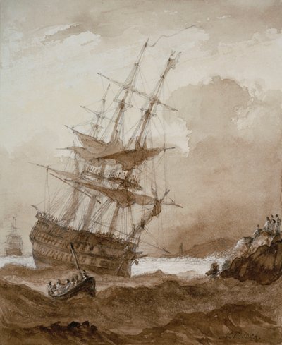 Kaksikerroksinen vene myrskyssä rannikon edustalla, 1700-luvun loppupuoli - 1800-luvun alku (ruskea pesu). tekijältä Nicholas Pocock