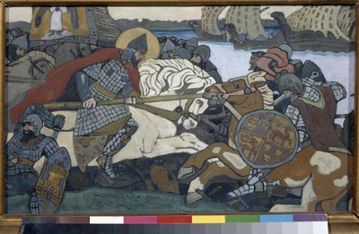 Aleksanteri Nevski (1220-1263) iski Birger Jarliin (1210-1266) (tai Bjalbon Birger Magnussoniin). Nevan taistelun jakso (1240). Nicolas Roerichin (1874-1947) työ, guassi pahville tekijältä Nicholas Roerich