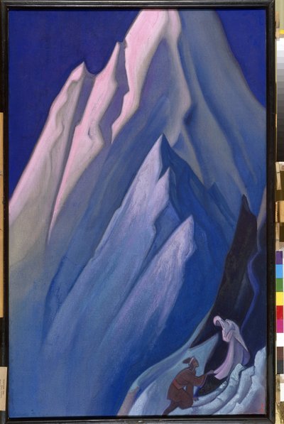 Hän, joka johtaa. Himalajan vuoristossa polvistuva mies koskettaa naisen viittauksen pohjaa, buddhalaista henkisyyttä. Nicholas Roerichin (1874-1947) työ, tempera kankaalle tekijältä Nicholas Roerich