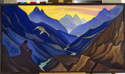 Mestarin käskyt. (Mestarin komento). Miestä, joka istuu meditaatiossa Tiibetin vuoristomaisemassa, leijuu suuri valkoinen lintu, buddhalainen henkisyys. Nicholas Roerichin (1874-1947) työ, tempera kankaalle tekijältä Nicholas Roerich