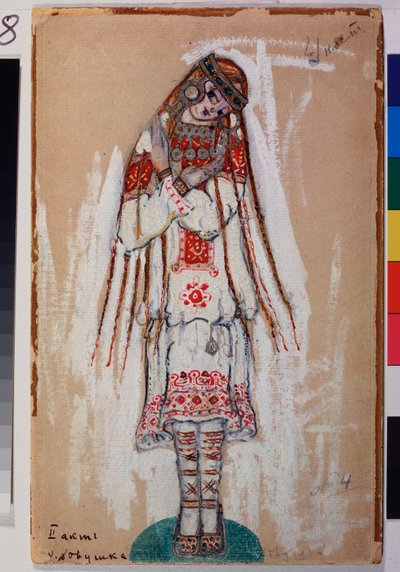 Puku naishahmolle Igor Stravinskyn (1882-1971) baletista "The Rite of Spring". Nicolas (Nicholas) Roerichin (1874-1947) työ, guassi pahville tekijältä Nicholas Roerich