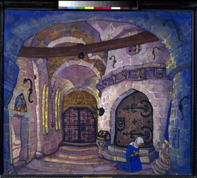 Luostarissa. Valmisteleva sisustus A. Davydovin oopperaan Soeur Beatrice. Nicholas Roerichin (1874-1947) työ, tempera pahville tekijältä Nicholas Roerich
