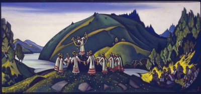Sisustus Igor Stravinskyn balettiin "Kevään riitto", 1945 tekijältä Nicholas Roerich