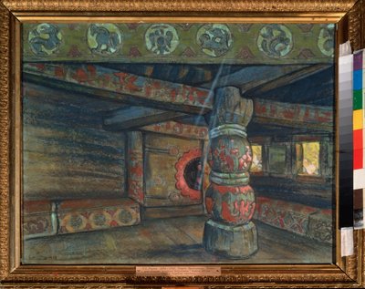 Valmisteleva sisustus Aleksanteri Borodinin (Borodin) (1833-1887) oopperaan "Prince Igor"". Nicolas (Nicholas) Roerichin (1874-1947) työ, guassi ja pastelli paperille tekijältä Nicholas Roerich