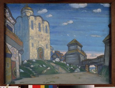 Valmisteleva sisustus Alexandre Borodinin (Borodin) (1833-1887) oopperaan Prinssi Igor. Nicholas Roerichin (1874-1947) työ, pastelli ja tempera paperille tekijältä Nicholas Roerich