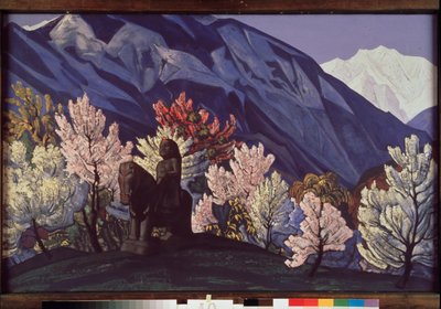 Guga Chohan. Kulu Valley (Intia). (Ratsastuspatsas Himalajan kukkivien puiden joukossa). Nicolas (Nicholas) Roerichin (1874-1947) maalaus, tempera kankaalle tekijältä Nicholas Roerich