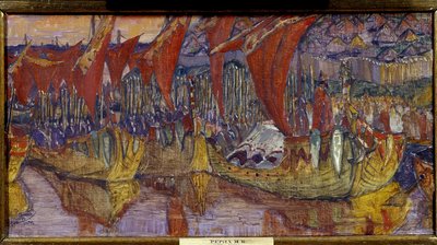 La campanya de Chersonesos de Vladimir el Gran (o El Sant, o el Sol Roig, Vladimir I Sviatoslavitch de Kíev, 958-1015). Les Veles Vermelles. Pintura de Nicolas Roerich (1874-1947), oli sobre tela finlandès tekijältä Nicholas Roerich