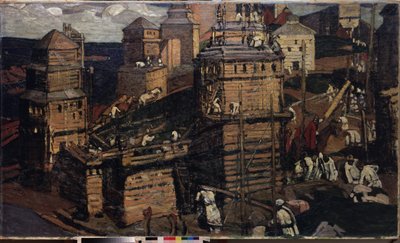 Kaupungin rakentaminen. (Rakenna kaupunkia). (Ukrainan maaseutuyhteisölle). Nicholas Roerichin (1874-1947) maalaus öljy kankaalle tekijältä Nicholas Roerich