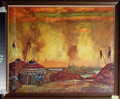 Polovtsienin leiri (tai Couman, Kouman). Alexandre Borodinin (Borodin) (1833-1887) oopperan "Prince Igor" valmisteleva sisustus. Nicolas (Nicholas) Roerichin (1874-1947) teos, tempera paperille tekijältä Nicholas Roerich