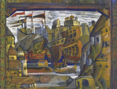 Novgorodin markkinat - Novgorodin markkinat. Lavastus N. Rimski-Korsakovin Sadko-oopperaan, Roerich, Nicholas (1874-1947). Tempera kankaalle tekijältä Nicholas Roerich