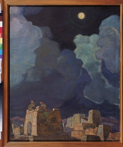 Macheski (Valko-Venäjä). Kuun ihmiset. Nicholas Roerichin (1874-1947) työ, tempera ja öljy pahville tekijältä Nicholas Roerich