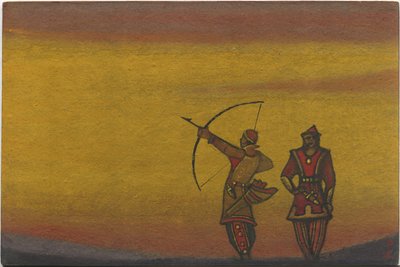 Polovtsilaiset, yksi jousella, pukusuunnittelu Borodinin oopperaan "Prinssi Igor", 1943 "Polovtsian tanssit" tekijältä Nicholas Roerich