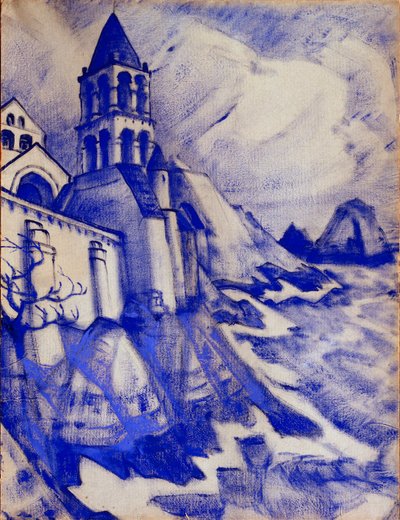 Valmisteleva sisustus Maurice Maeterlinckin näytelmään "Prinsessa Maleine", 1913 tekijältä Nicholas Roerich