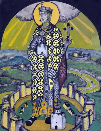 Pyhä Olga, Kiovan prinsessa (kollaasi ja tempera paperilla) tekijältä Nicholas Roerich