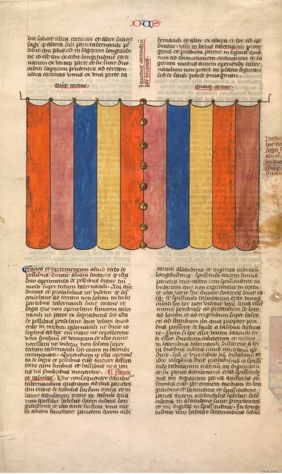 Tabernaakkelin esirippu, yksi kuudesta kuvitetusta lehdestä Postilla Litteralisista..., n. 1360-1 tekijältä Nicholas of Lyra