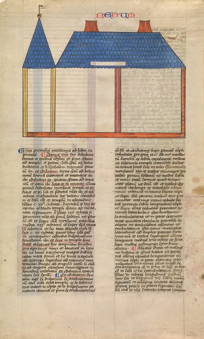 Salomonin temppelin korkeus, yksi kuudesta kuvitetusta lehdestä Postillasta..., n. 1360-1380. tekijältä Nicholas of Lyra