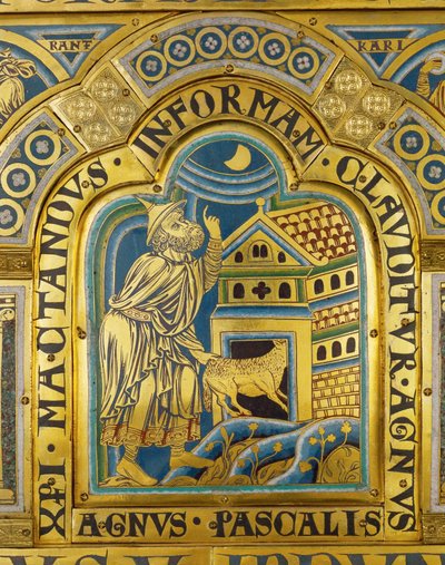 Agnus Pascalis, symbolinen pääsiäislammas ... (emalilaatta leimasin tekniikalla kullattua kuparia vasten) tekijältä Nicholas of Verdun