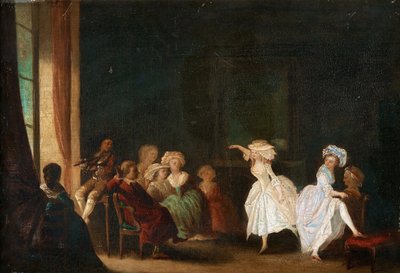 Niklas Lafrensenin tanssikoulu, joka tunnetaan nimellä Nicolas Lavreince tai Lavrince (1737-1807). Öljy puulle, koko: 26,5x40, , Yksityiskokoelma tekijältä Niclas II Lafrensen