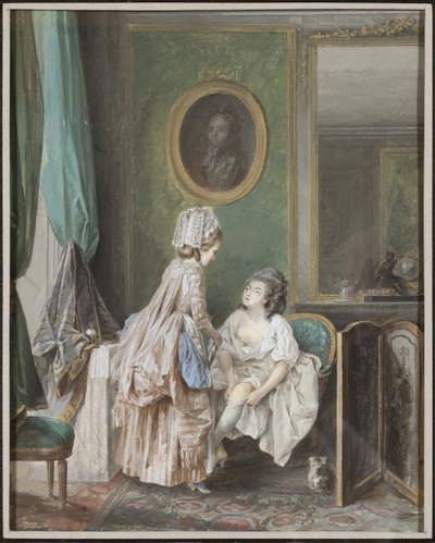 Nainen pukee sukkiaan - Nainen pukee sukkiaan, kirjoittanut Lafrensen, Niclas (Nicolas Lavreince) (1737-1807). Guassi paperille tekijältä Niclas II Lafrensen