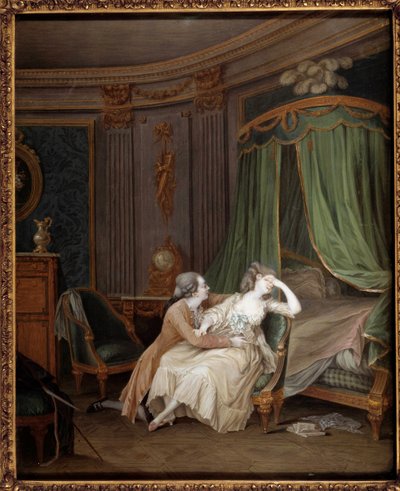 Myöhäinen parannus Mies, luultavasti tunnustaa morsiamelleen uskottoman, joka pyörtyy. Niklas Lavreincen (1737-1807) maalaus 1700-luvun Pariisissa, Musee Cognacq Jay tekijältä Niclas II Lafrensen