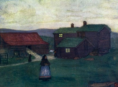 Norja: pylväistä rakennetut maalaistalot (väri litho) tekijältä Nico Jungman
