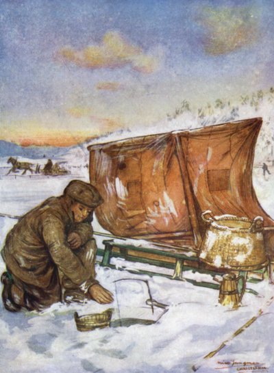 Norja: Kalastus jään läpi Christiania Fjordilla (väri litho) tekijältä Nico Jungman