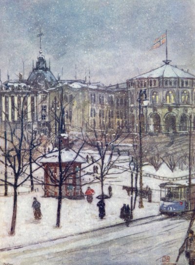 Norja: Parlamenttitalo (Storthing), Christiania (värilitho) tekijältä Nico Jungman