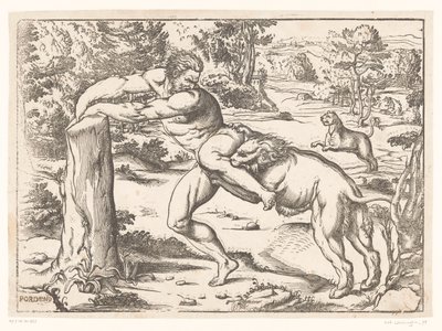Milo of Croton hyökkäsi leijonan kimppuun tekijältä Nicolò Boldrini (attributed to)