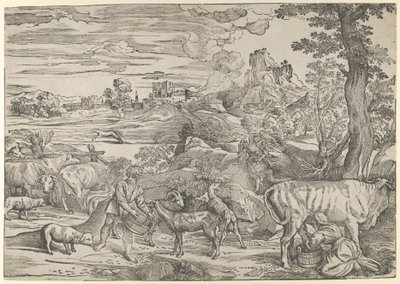 Maisema, jossa maitoneito oikealla ja poika vasemmalla, n. 1535-40, n. 1535-40. tekijältä Nicolò Boldrini
