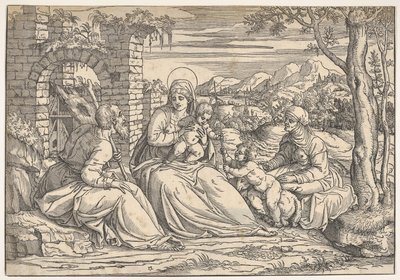 Pyhä perhe pyhien Elisabetin ja Johanneksen kanssa, n. 1550. tekijältä Nicolò Boldrini