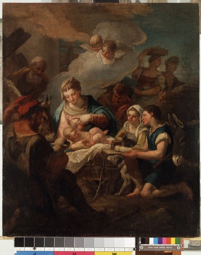 ""Kristuslapsen palvonta"" (Kristuslapsen palvonta) Nicola Grassin (1682-1748) maalaus 1700-luvulta Mikalojus Konstantinas Ciurlionisin taidemuseo, Kaunas, Liettua tekijältä Nicolò Grassi