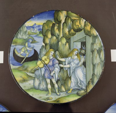 Orfeus ja Eurydike Tuonelan portilla, maiolikalevy, tekijä Nicola Pellipario Urbinosta (k.1510-42), noin 1515. tekijältä Nicolò Pellipario