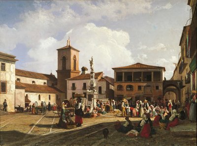 Benevento (Campanian alue), Orsini-aukio, jossa on katedraalin kellotorni ja paavi Orsinille omistettu suihkulähde (öljy kankaalle) tekijältä Nicola Palizzi