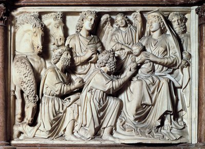 Adoration of Magi, laatta saarnatuolissa kohtauksia Kristuksen elämästä tekijältä Nicola Pisano