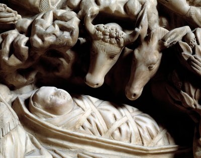 Taide ja goottilainen arkkitehtuuri: nativiitti - Yksityiskohta Nicola Pisanon (1215/20-1278/84) vuosina 1266-1268 tekemän marmoripöydän bareljeefeista (Marmorisaarnatuoliyksityiskohdat, syntymä) Cathedrale Notre-Dame-de-l 