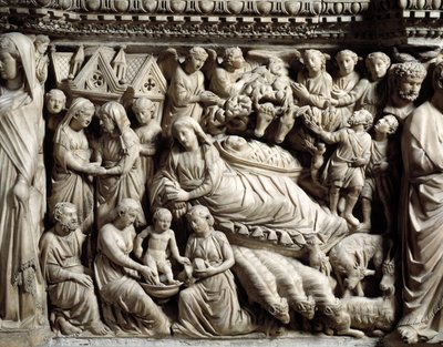 Goottilainen taide ja arkkitehtuuri: Vierailu ja syntymä - Yksityiskohta Nicola Pisanon (1215/20-1278/84) vuosina 1266–1268 tekemän marmoripöydän bareljeefeista (Marmorisaarnatuolien yksityiskohdat, vierailut ja syntymä) Cathedrale Notre-Dame- de-l