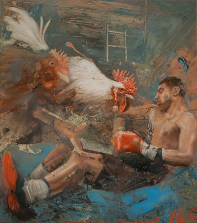 Bokseri kukkojen kanssa, 2018 (öljy kankaalle) tekijältä Nicola Pucci