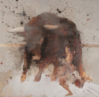 Härkä ja härkätaistelija, 2019 (öljy ja poltto puulle) tekijältä Nicola Pucci