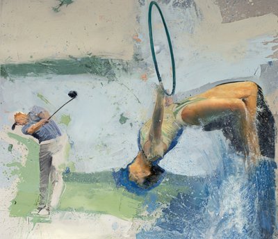 Golffari sukeltajan ja renkaan kanssa, 2023 (öljy kankaalle) tekijältä Nicola Pucci