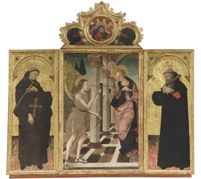 Pyhien Johannes Gualbertin ja Benedictuksen ilmoitus, noin 1500-05 (triptyykki paneelilla). tekijältä Nicola de Maestro Antonio