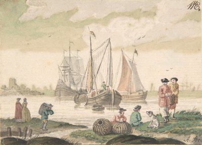 Merimaisema, seitsemän hahmoa ja koira, 1733-93. tekijältä Nicolaas Aartman