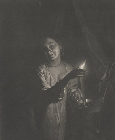 Nuori nainen pitelee kynttilää makuuhuoneessa, 1690-1715, 1690-1715. tekijältä Nicolaas Verkolje