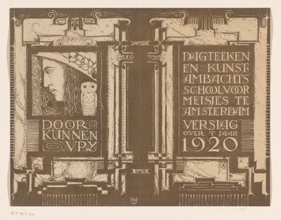 Bändisuunnittelu: Päivän raportti -piirustus- ja taidekäsityökoululle Amsterdamissa vuodelta 1920 tekijältä Nicolaas van de Vecht