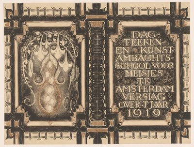 Bändisuunnittelu: Päivän raportti -piirustus- ja taidekäsityökoululle Amsterdamissa vuodelta 1919 tekijältä Nicolaas van de Vecht
