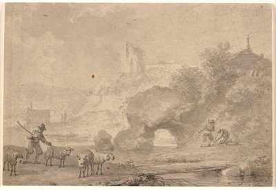 Paimen ja kalastajat eteläisessä jokimaisemassa tekijältä Nicolaes Berchem