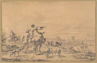 Paimenet italialaisessa maisemassa tekijältä Nicolaes Berchem
